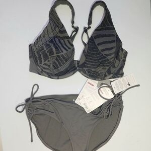 NWT Athleta Zuma Plunge Bikini Top 34 D DD & Gray Scrunch Full Tide Bottom Med